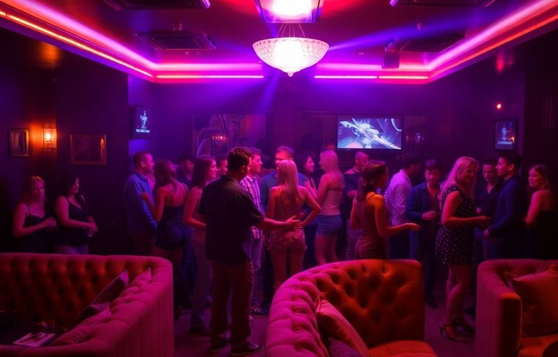 People dancing, socializing in dimly lit club