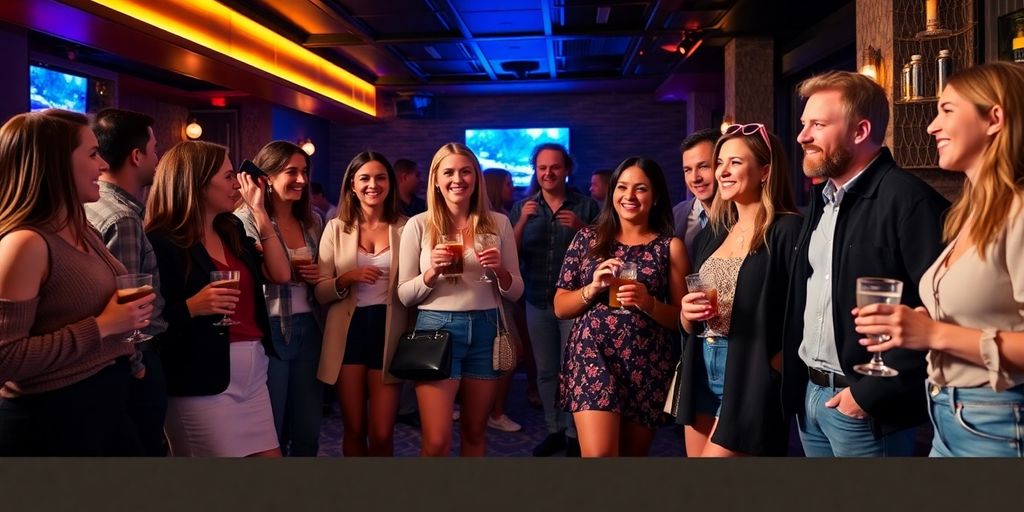 People dressed well, mingling at a club.