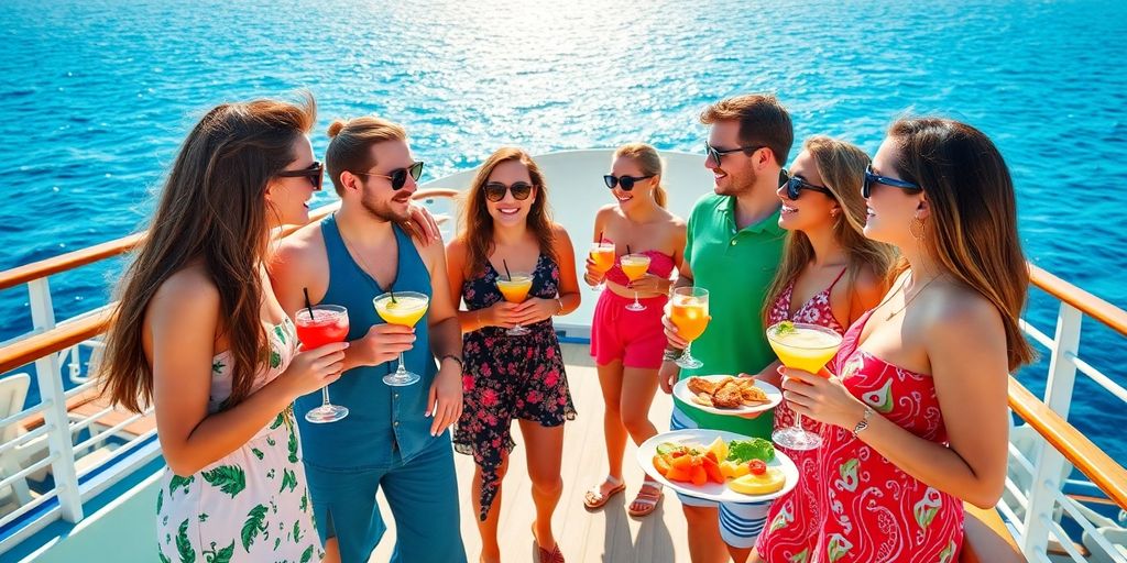People enjoying food and drinks on a cruise ship.