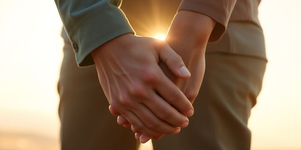 Photograph of three hands: two clasped, one gently touching nearby.