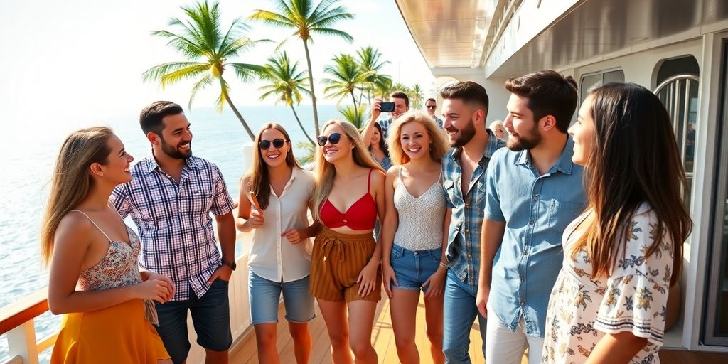 Playful millennial couples on cruise deck.