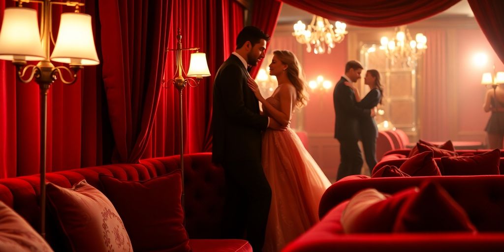 Red velvet, dim lights, couples dancing close.