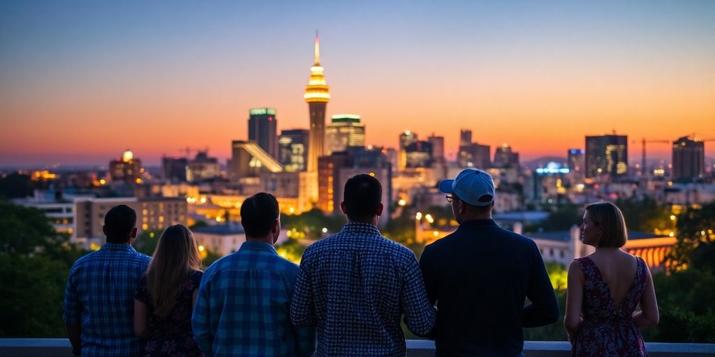 San Antonio skyline, diverse couples.