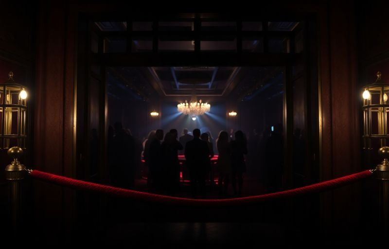 Shadowy figures, velvet ropes, exclusive club entrance alluringly lit.