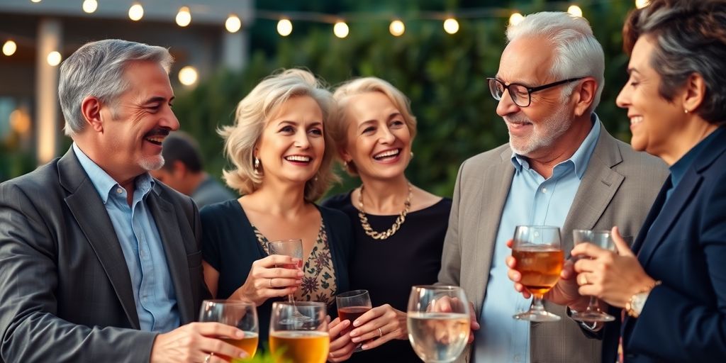 Smiling 50s couples at an evening social gathering.