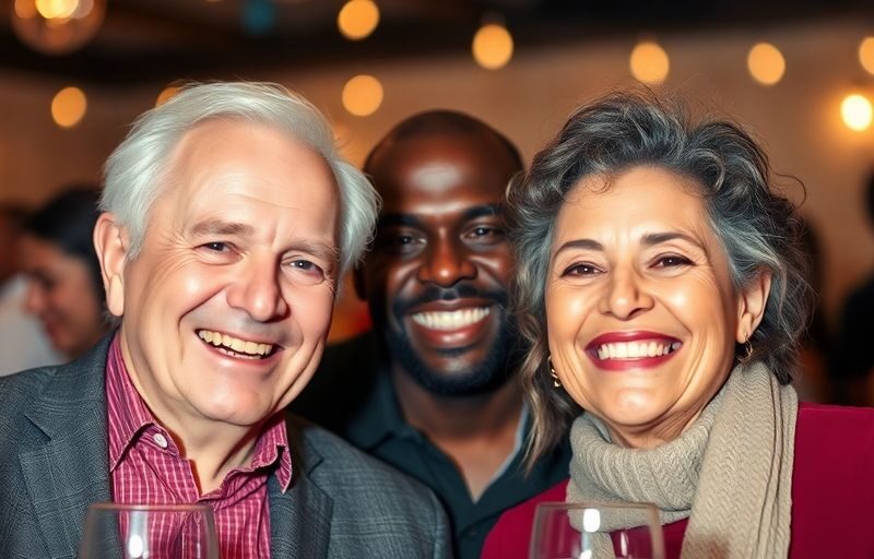Smiling diverse older couples at lively party.