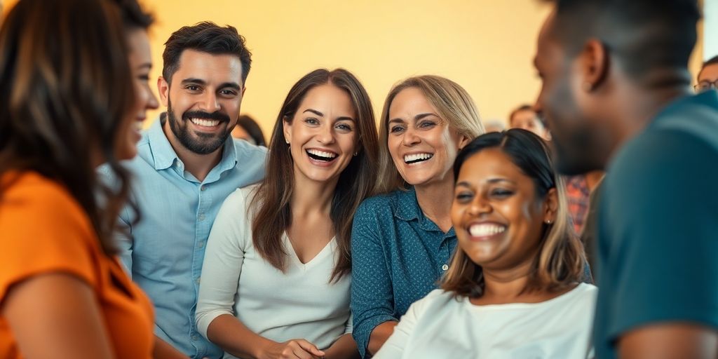 Smiling, diverse people confidently interacting in warm, connected groups.