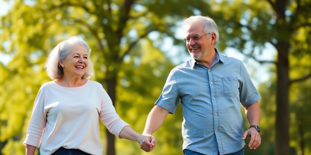 Smiling mature couple holding hands, walking outdoors.