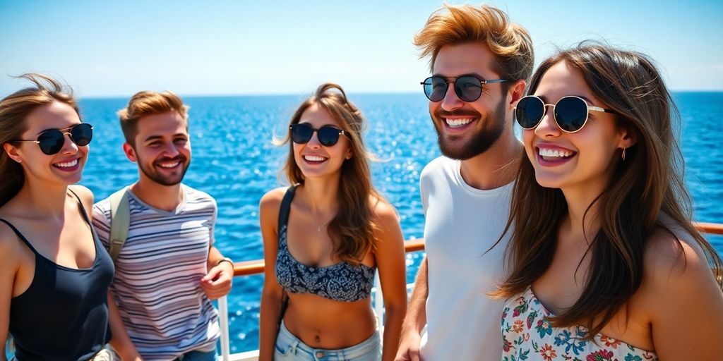 Smiling millennials socializing on a cruise deck, ocean background.