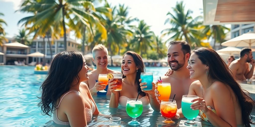Swim-up bar, couples laughing, tropical drinks