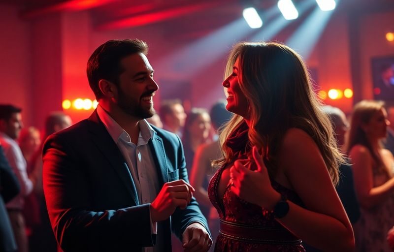 Two couples dancing in dimly lit club.