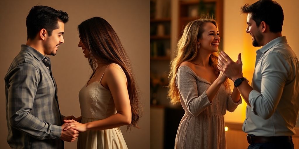 Two couples, distinct dynamics, playful interaction, soft lighting.