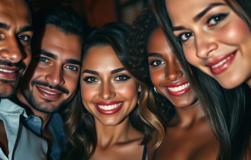 Two couples flirt at a vibrant, dimly lit party.