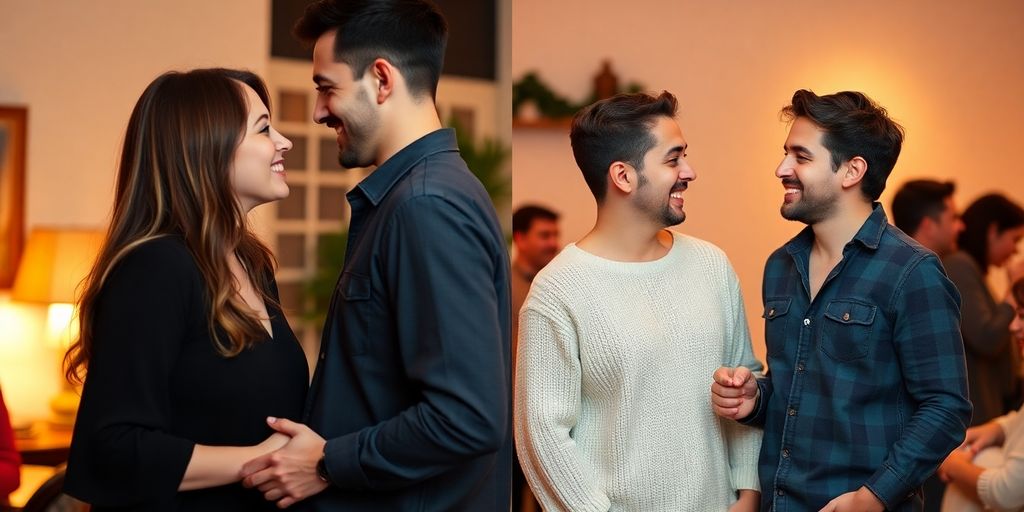Two couples happily chatting at a lively party.