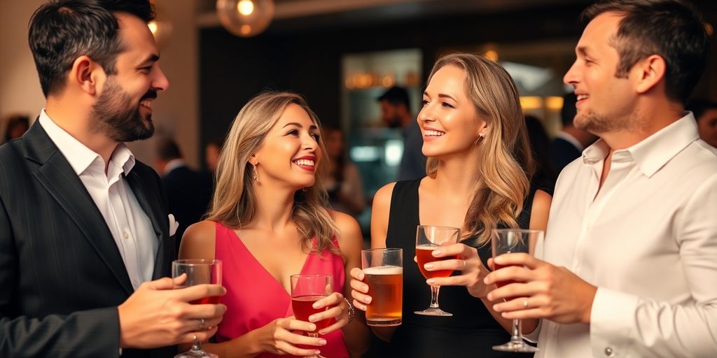 Two couples happily chatting at a lively social gathering.