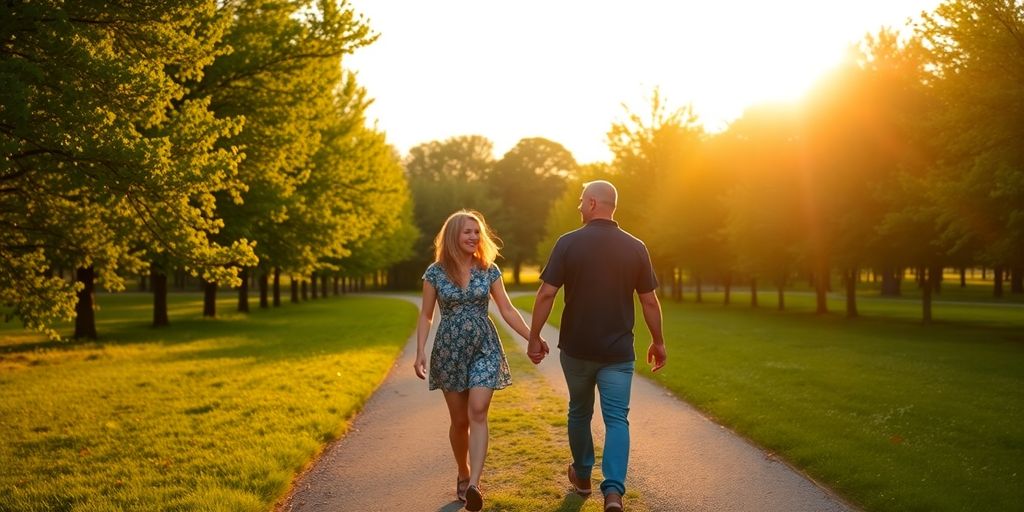 Two couples happily holding hands outdoors at sunset.
