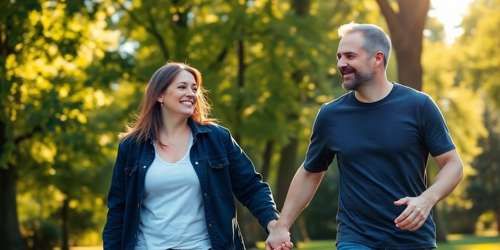 Two couples happily holding hands outdoors.