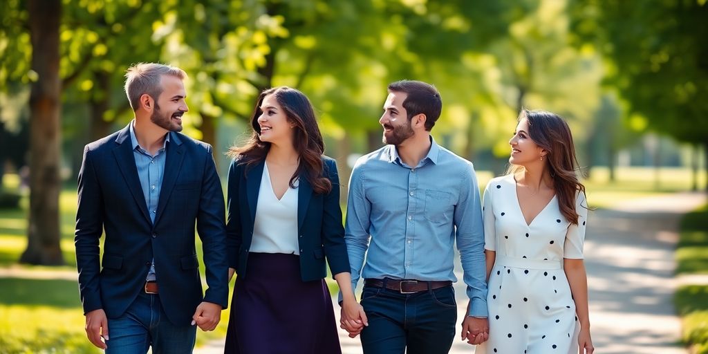 Two couples holding hands in a park.