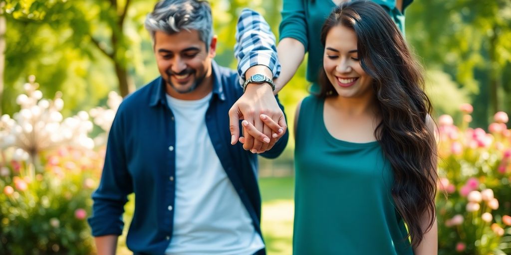 Two couples holding hands in a park.