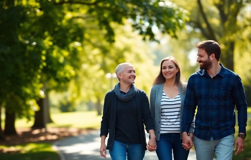 Two couples holding hands in a park.