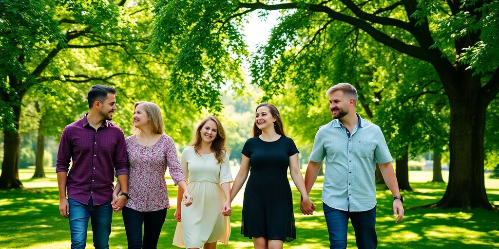 Two couples, holding hands, walking in a park.
