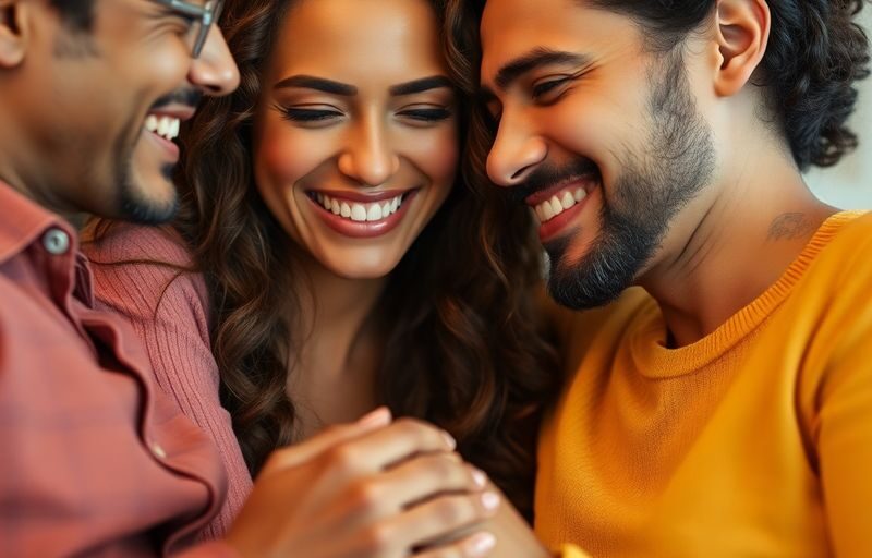Two couples, intimate, diverse, in soft lighting.