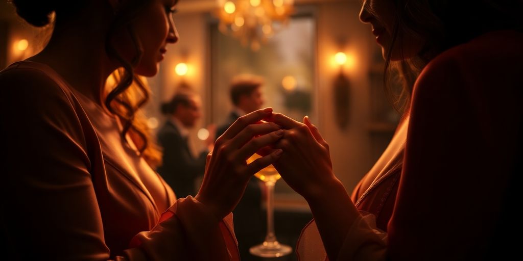 Two couples subtly interacting at a dimly lit social gathering.