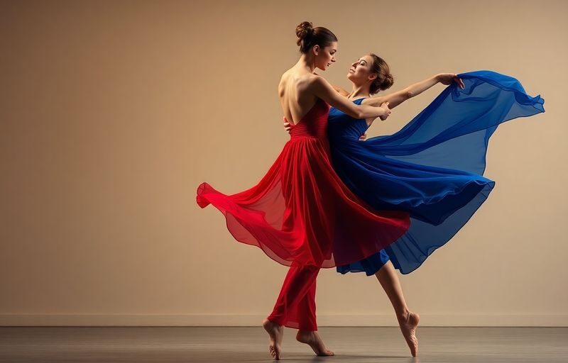 Two dancers in flowing fabrics, dynamic and graceful.