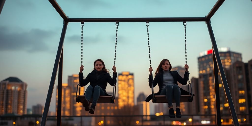 Two people on a swing, blurred cityscape background.
