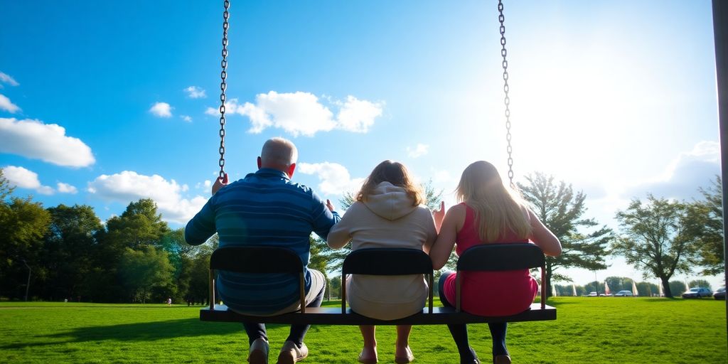 Two people on a swing set.