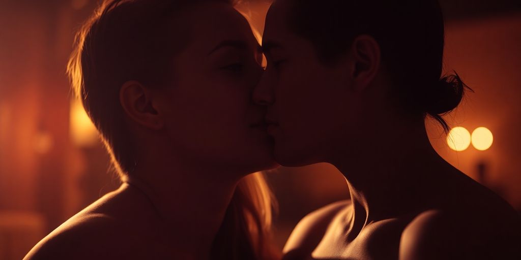 Two people whispering intimately, close-up.