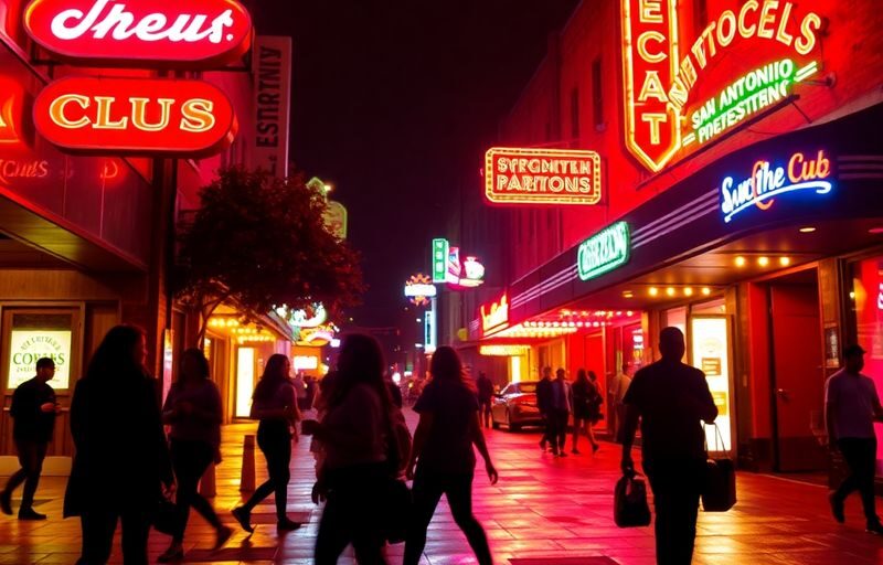 Vibrant San Antonio club district at night.