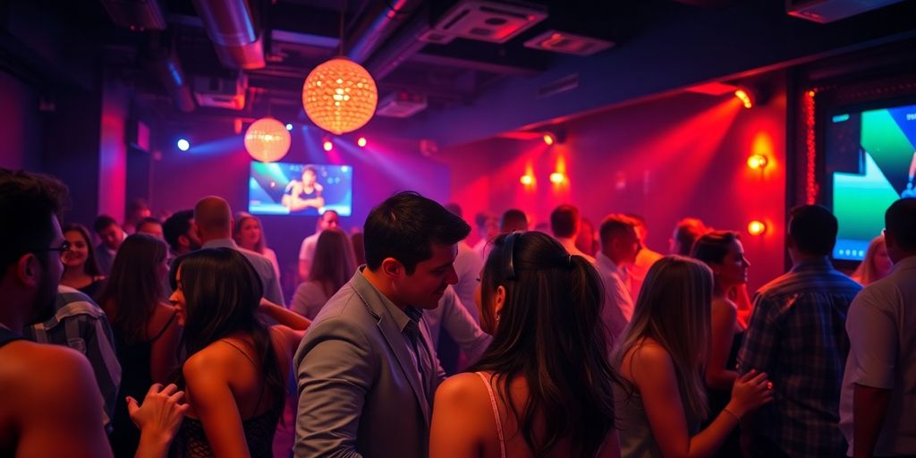 Vibrant, dimly lit club interior, diverse couples.