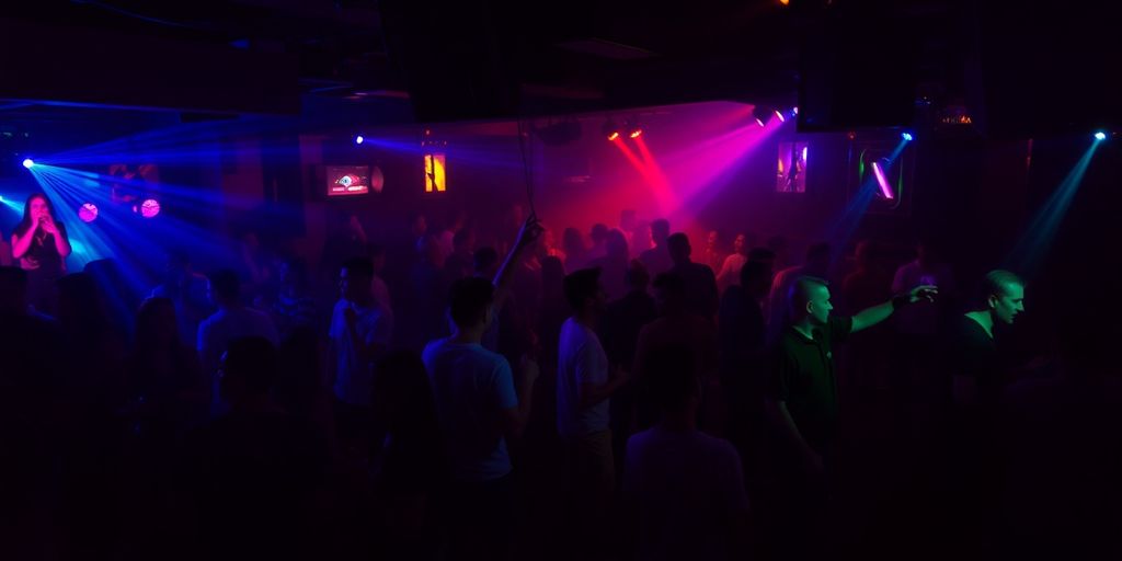 Vibrant, dimly lit interior club scene with people.