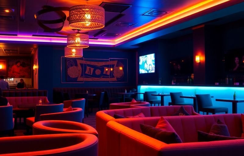 Vibrant, modern club interior with lounge seating, dim lighting.
