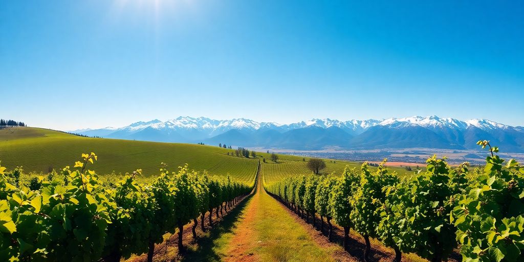 Vineyards bathed in sunlight, distant Andes mountains.