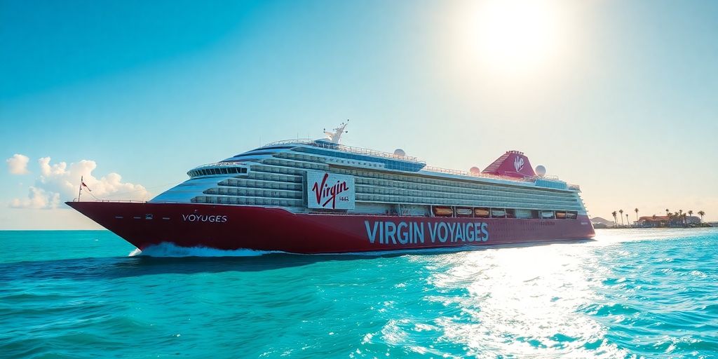 Virgin Voyages cruise ship with red hull at sea.