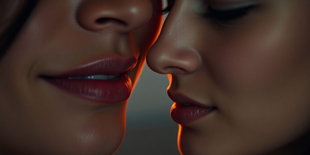 Whispering lovers' faces, intimate moment.