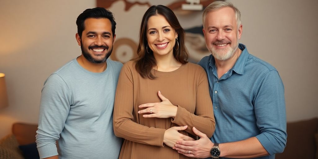 Woman embracing two men in a warm, intimate setting.