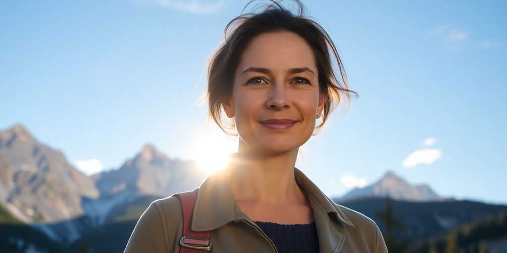 Woman in front of mountains