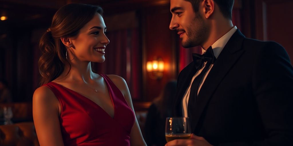 Woman in red dress, man in suit, alluring glances.