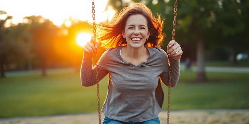 Woman joyfully swinging in park at sunset.