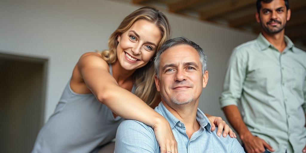 Woman smiling, man kneeling, another man watching.