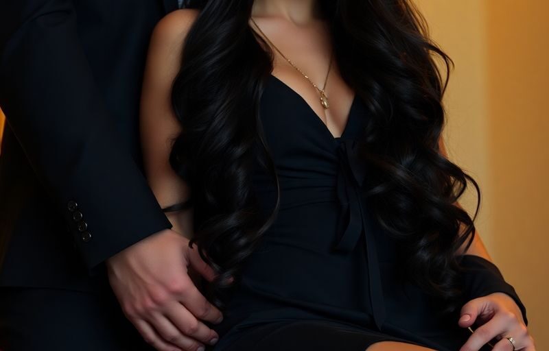 Woman smirking, man kneeling, hand on her thigh.