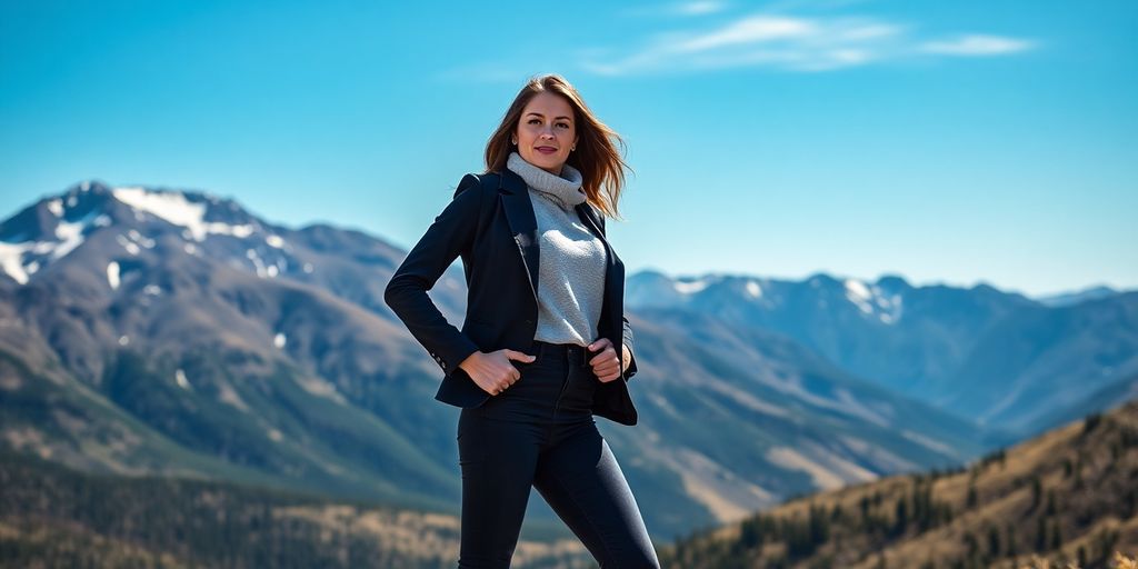 Woman standing with mountain backdrop in Colorado.