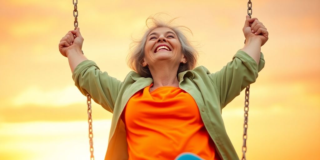 Woman swinging, enjoying life, vibrant sunset background.