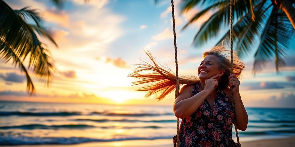 Woman swinging on beach, joyful, sunset colors.