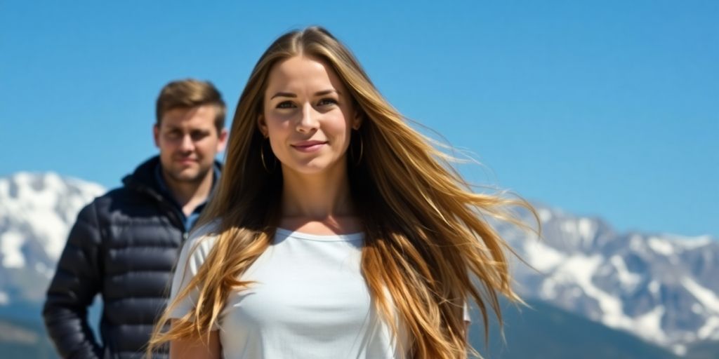 Woman, two men, mountain background, distinct roles