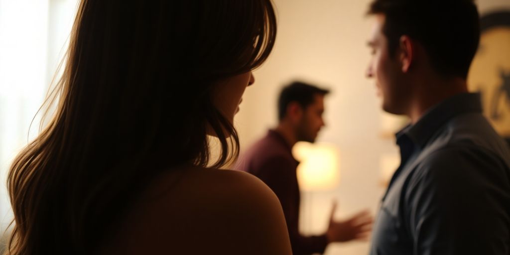 Woman watches her partner with another man.