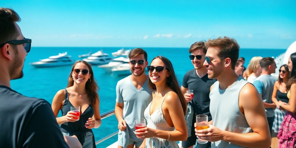Yachts and young adults mingling on deck.